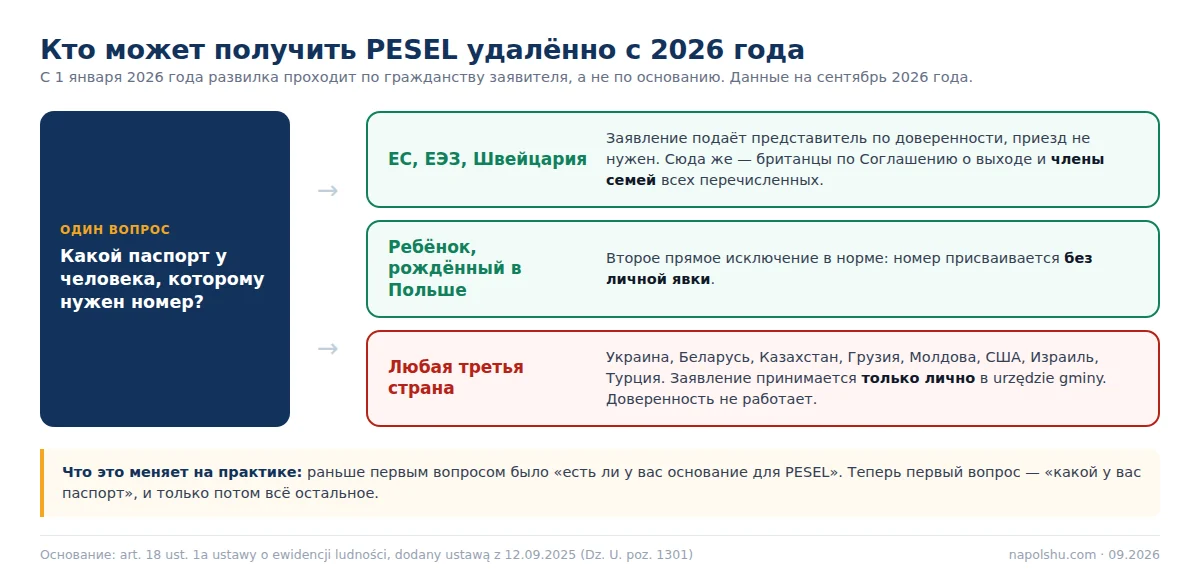 Схема: кто может получить PESEL удалённо с 2026 года — развилка по гражданству заявителя