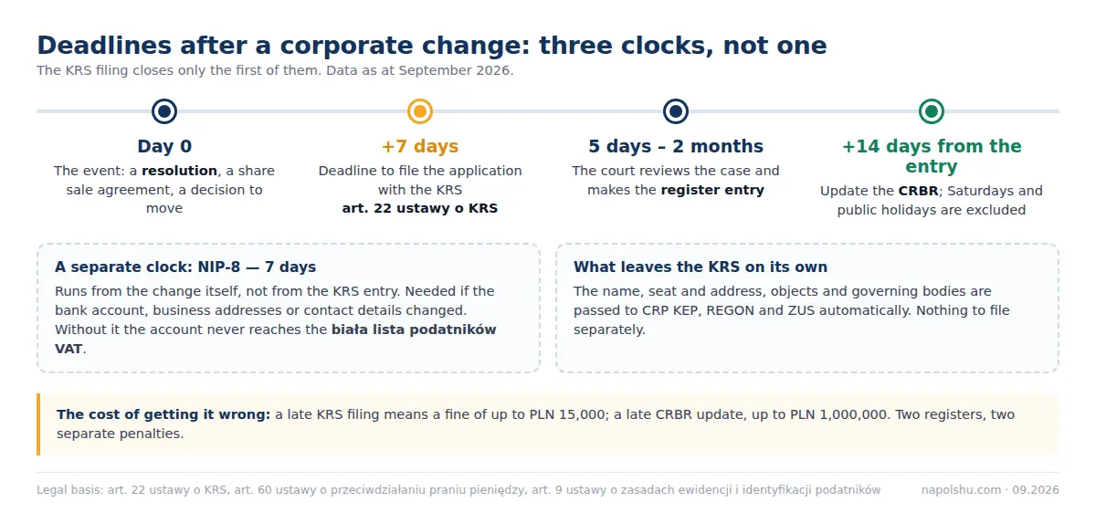 Timeline: 7 days to file with the KRS, 14 days for the CRBR, 7 days for form NIP-8